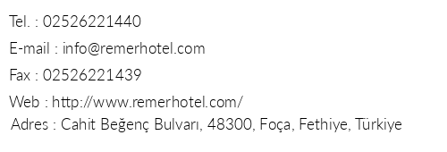 Remer Hotel telefon numaralar, faks, e-mail, posta adresi ve iletiim bilgileri